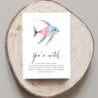 Invitation with watercolor fish and "You're invited" text.
