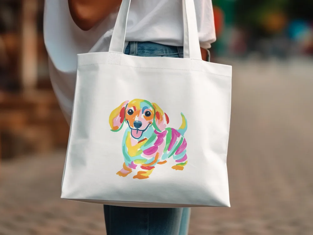 White tote bag with a colorful, abstract dachshund illustration.