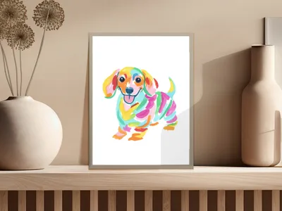 Colorful watercolor dachshund art print with pink, yellow, and blue stripes.