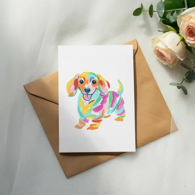 Colorful watercolor dachshund illustration on card with envelopes and roses.