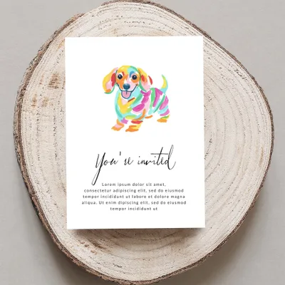 Colorful dachshund illustration on an invitation with "You're invited" text.