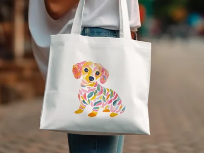 White tote bag with a colorful watercolor dachshund illustration.