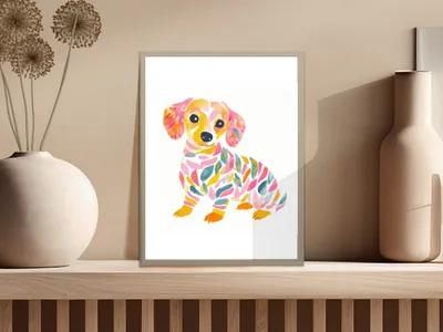 Watercolor painting of a colorful dachshund with vibrant, abstract patterns.