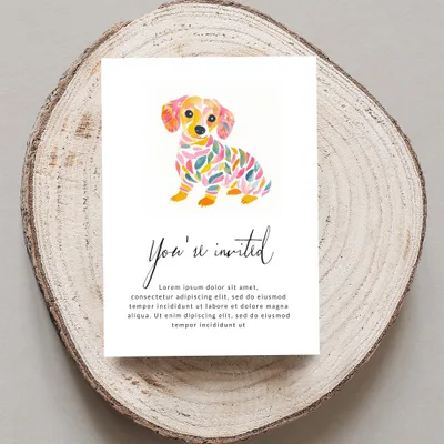 Watercolor dachshund invitation with "You're invited" and placeholder text.