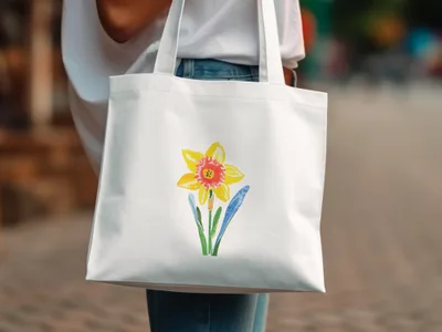 White tote bag with a watercolor painting of a yellow daffodil flower.