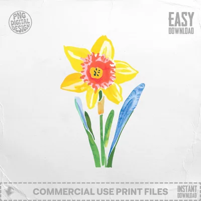 Watercolor daffodil with yellow petals, orange center, and blue-green leaves.