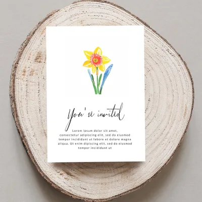 "You're invited" card with watercolor daffodil and placeholder text.