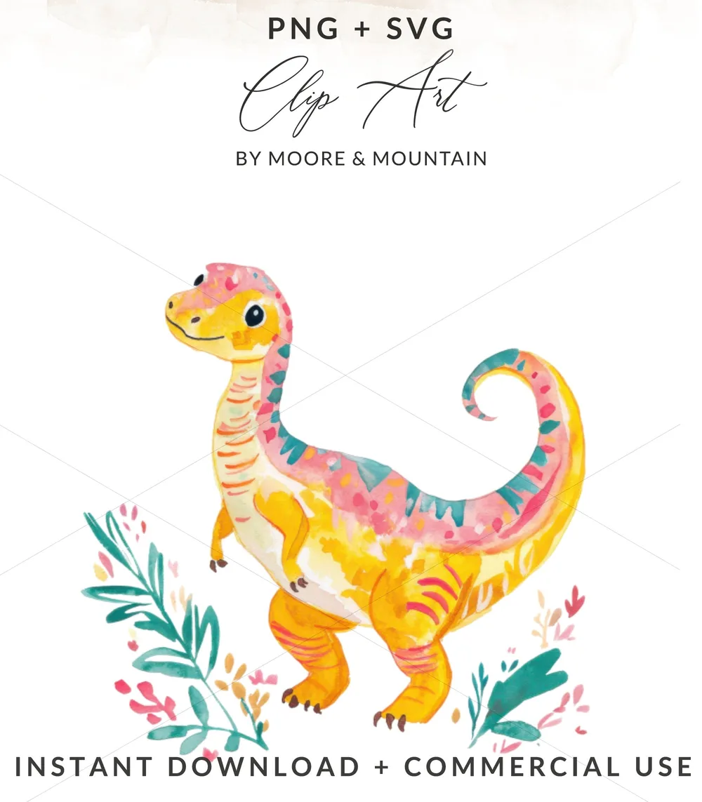 Watercolor T-Rex dinosaur with floral accents, PNG + SVG.