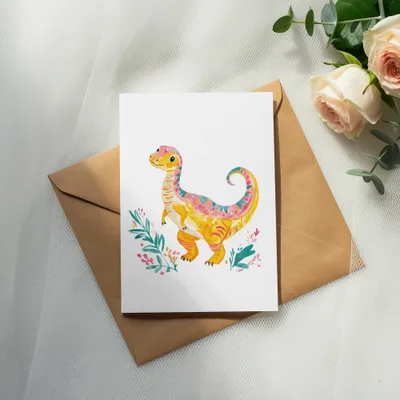Watercolor dinosaur card with floral accents on a brown envelope.