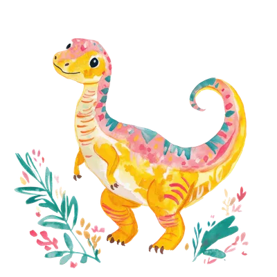 Watercolor illustration of a smiling, colorful dinosaur among foliage.