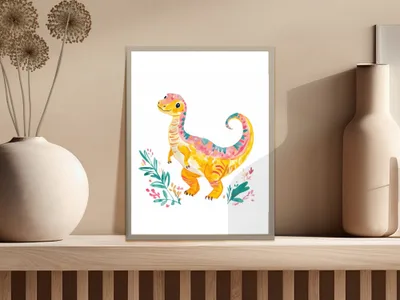 Cartoon dinosaur with floral accents, framed print on shelf.