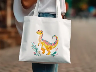 White tote bag with a colorful dinosaur and floral illustration.