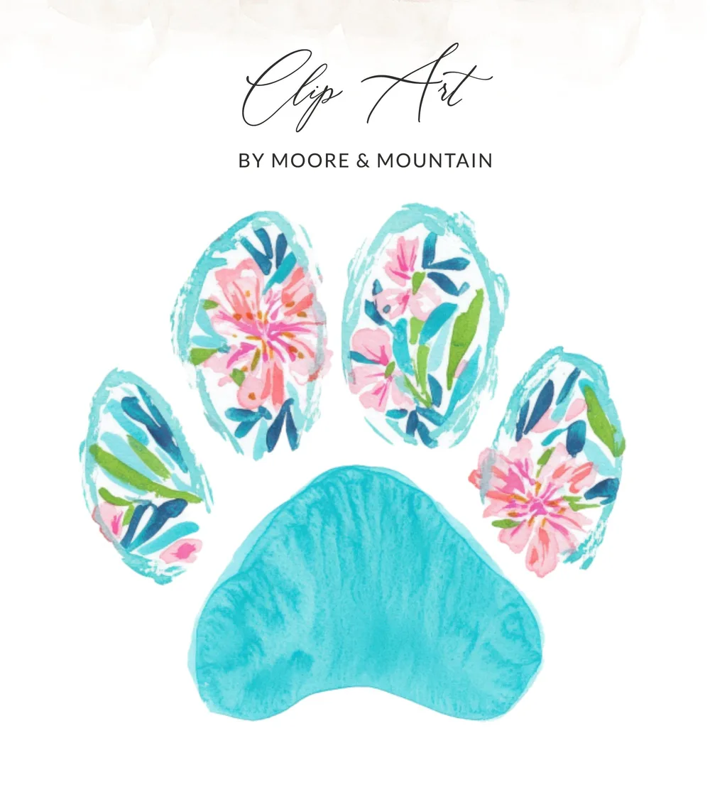Watercolor paw print with floral accents, text "Clip Art BY MOORE & MOUNTAIN".
