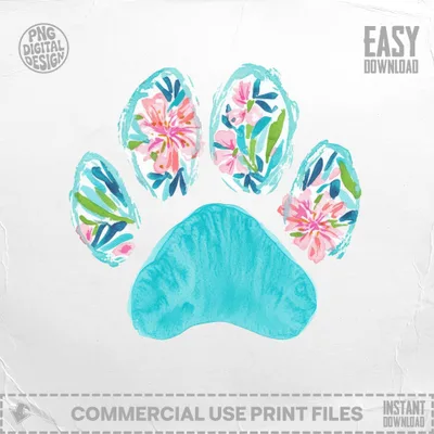 Watercolor paw print with pink and blue floral accents and "Easy Download" text.