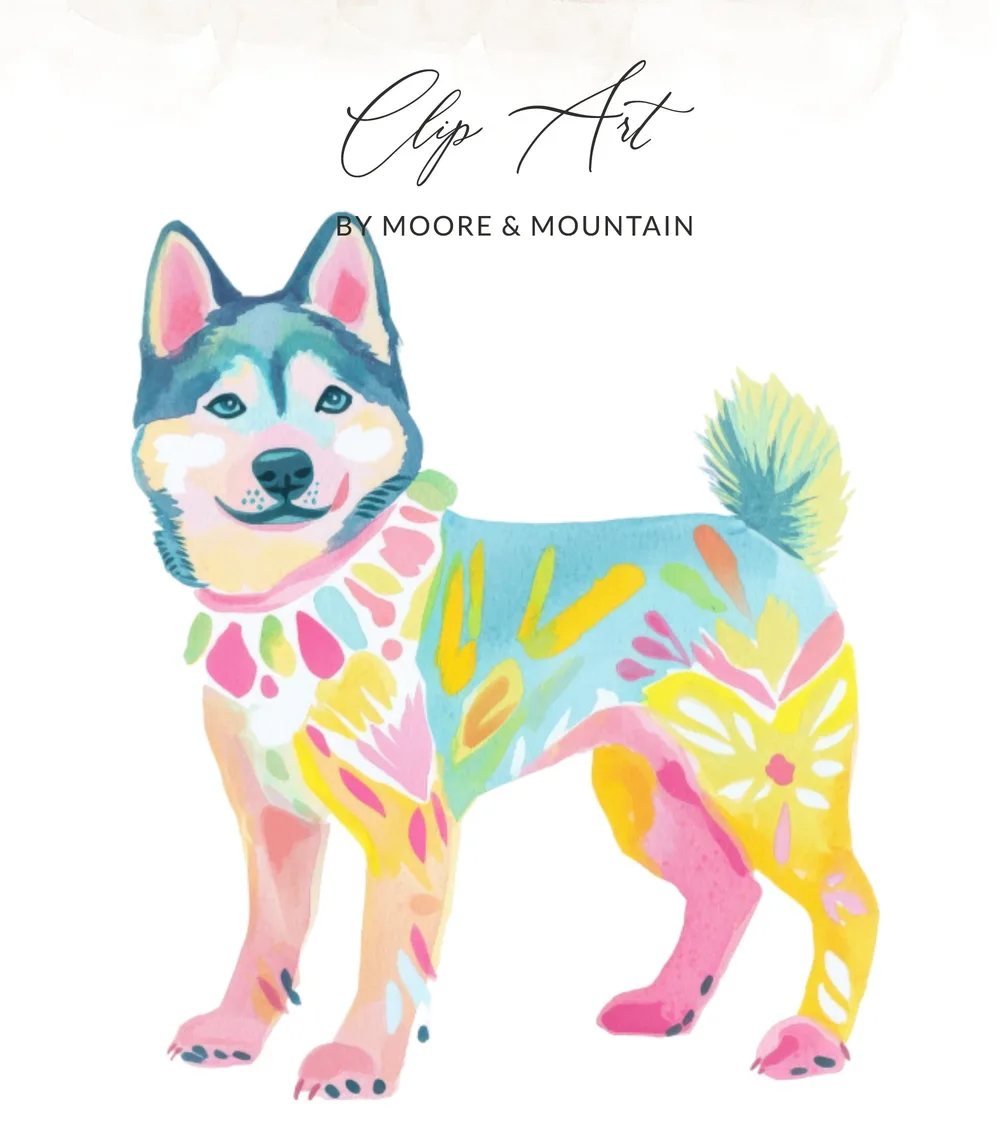 Husky dog illustration with colorful floral and abstract paint strokes.