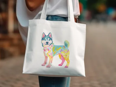 White tote bag with colorful painted husky dog illustration.
