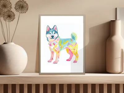 Watercolor painting of a colorful husky with floral accents in a silver frame.