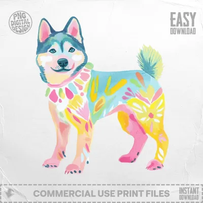 Watercolor husky dog with floral patterns, "Easy Download" text.