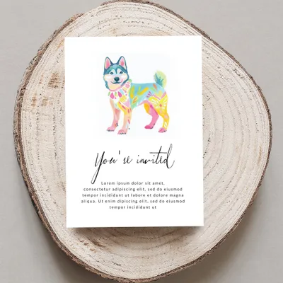 Watercolor husky on invitation card with "You're invited" text.