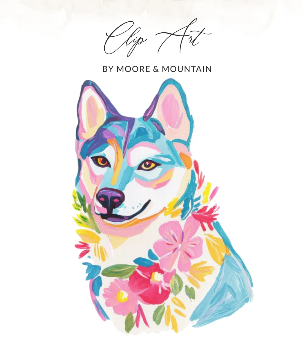 Colorful painted husky dog surrounded by flowers, "Clip Art" by Moore & Mountain.