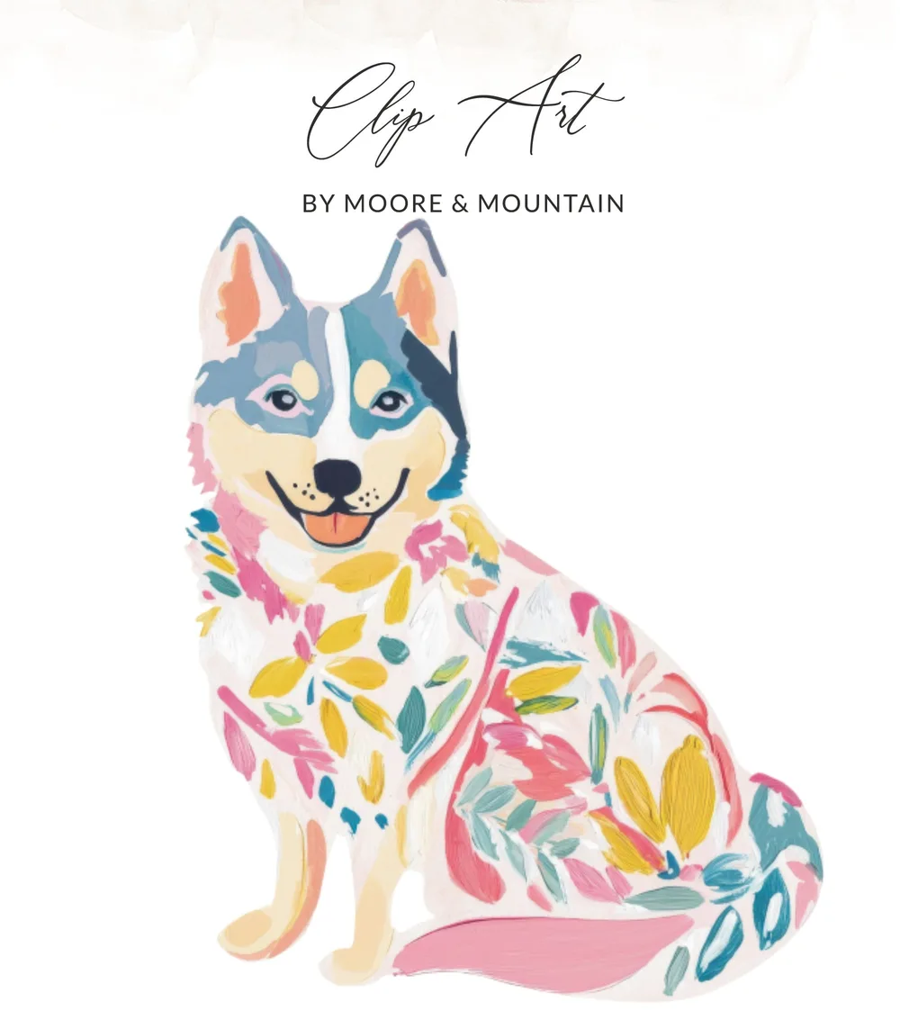 A painted husky with colorful floral patterns sits smiling.