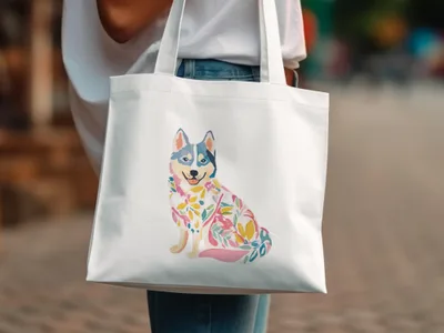 White tote bag with colorful floral pattern of a sitting husky dog.