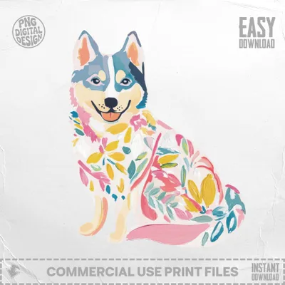 Husky dog illustration with floral paint brush strokes and "EASY DOWNLOAD" text.