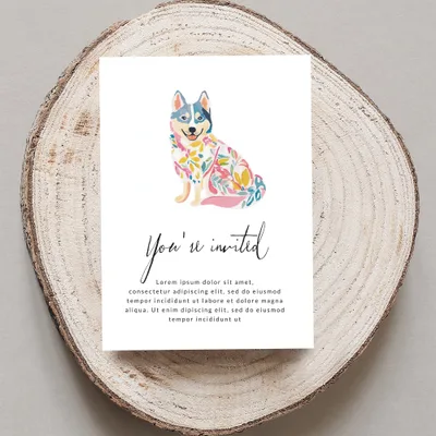 Card with floral husky illustration and "You're invited" text.