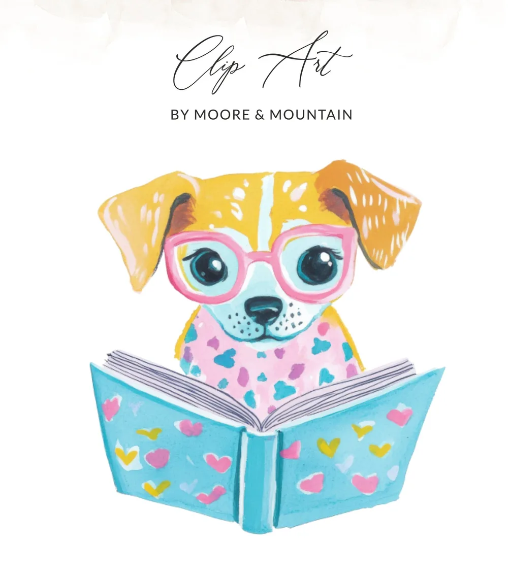 Dog wearing glasses reading a book with hearts.