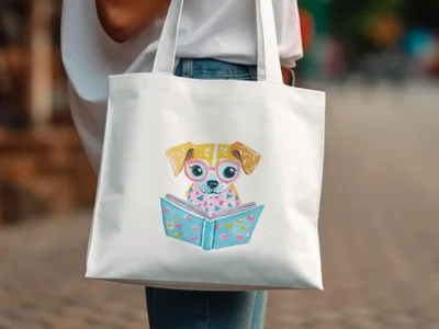 White tote bag with illustration of dog wearing glasses reading a book.