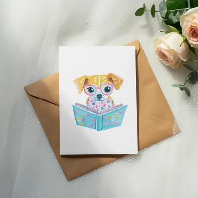 Dog wearing glasses reads a book with hearts.