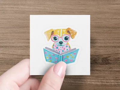 A cute dog wearing pink glasses reads a book with hearts.
