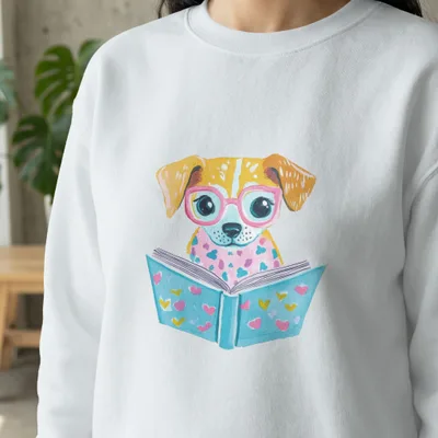 White sweatshirt with illustration of a dog wearing glasses reading a book.