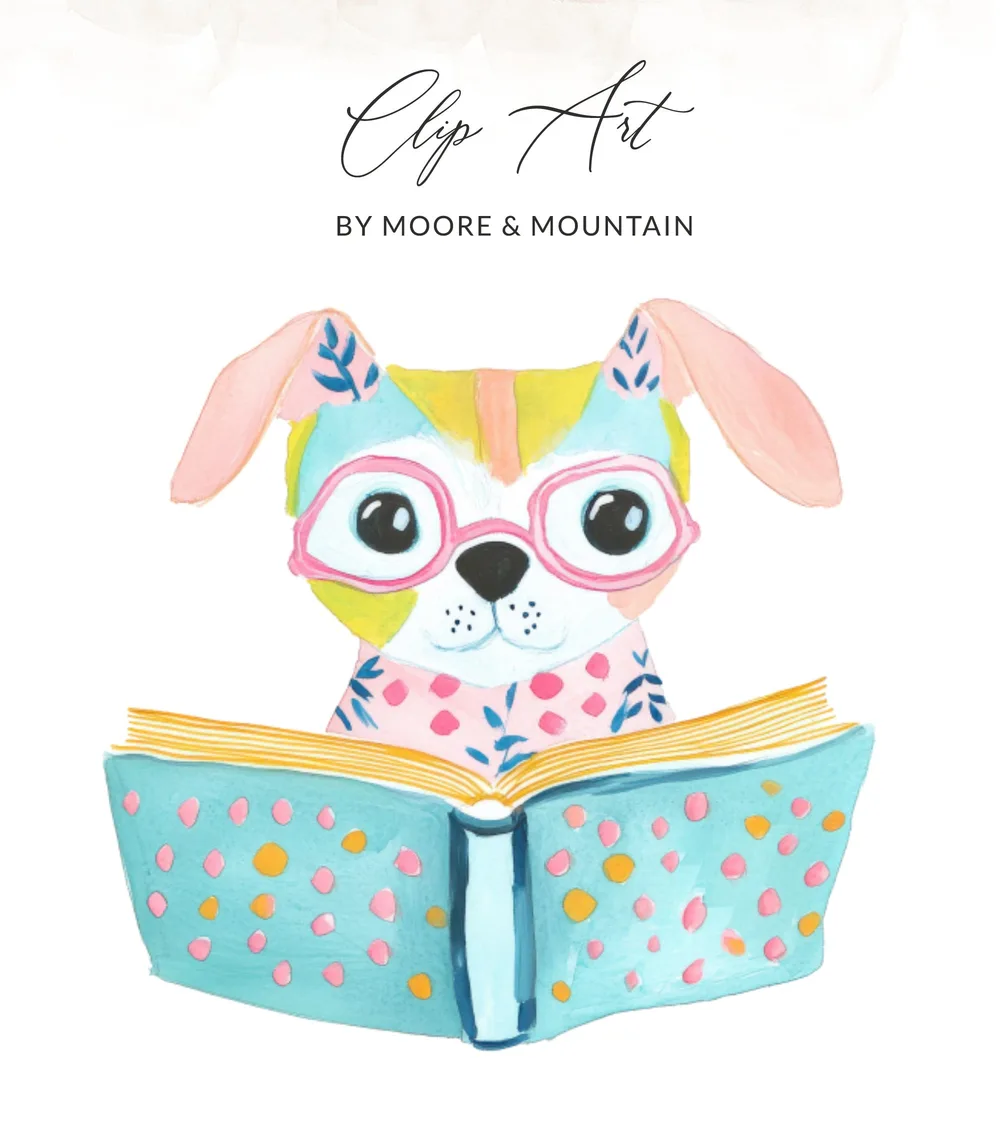 Watercolor illustration of a dog wearing glasses reading a book.