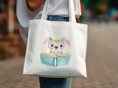 White tote bag featuring a watercolor illustration of a dog wearing glasses reading a book.