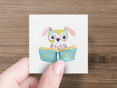 Illustration of a cute dog wearing glasses reading a book.