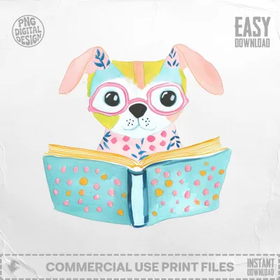 Cute watercolor dog with glasses reading an open book with pink polka dots.