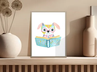 Watercolor illustration of a dog wearing pink glasses reading a book.