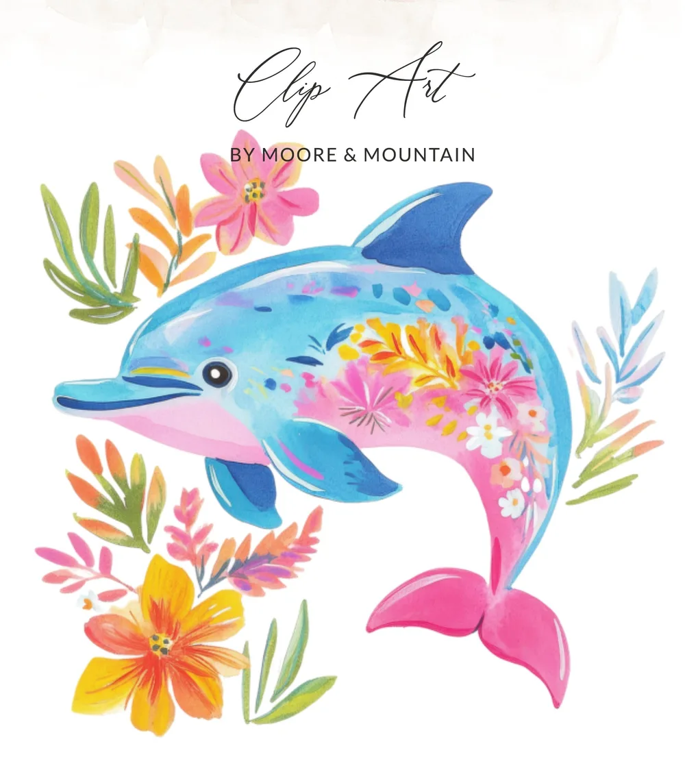 Blue dolphin with floral accents, text "Clip Art by Moore & Mountain."