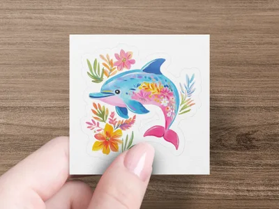 Whimsical dolphin sticker with floral accents on a white square.