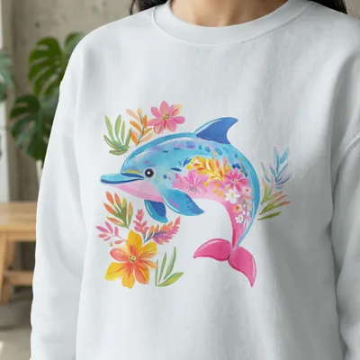 White sweatshirt with a colorful floral dolphin design.