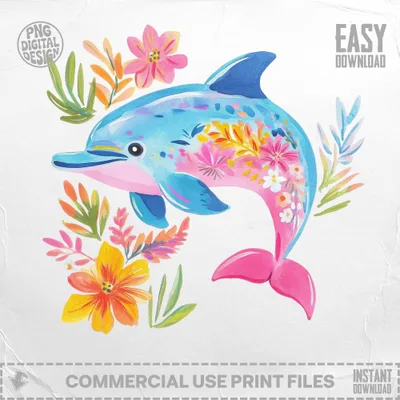 Colorful dolphin surrounded by tropical flowers and leaves, with "Easy Download" text.