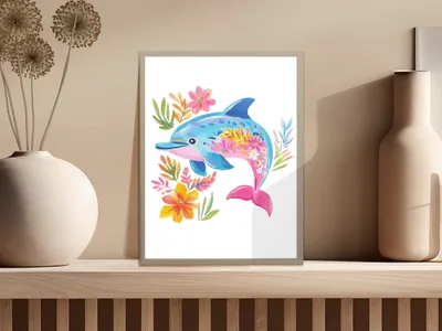 Colorful dolphin with floral accents on a white background in a frame.