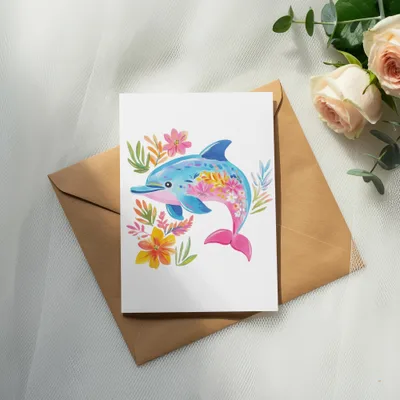 Watercolor dolphin with floral accents on a card, on a brown envelope.