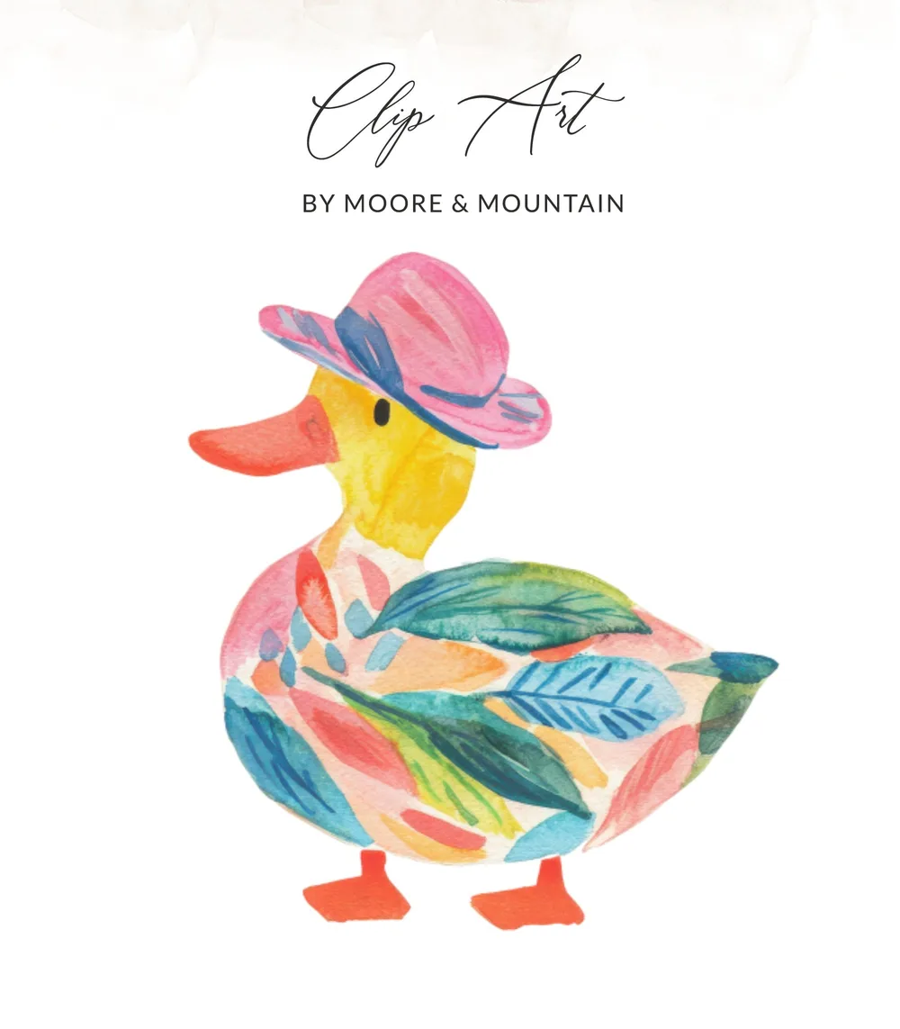 Watercolor duck wearing a pink hat with floral body design.