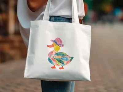 White tote bag with colorful watercolor duck wearing a pink hat.
