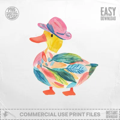 Watercolor duck wearing a pink hat, adorned with colorful leaves pattern.