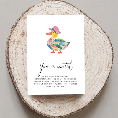Watercolor duck in a hat on an invitation with "You're invited" text.
