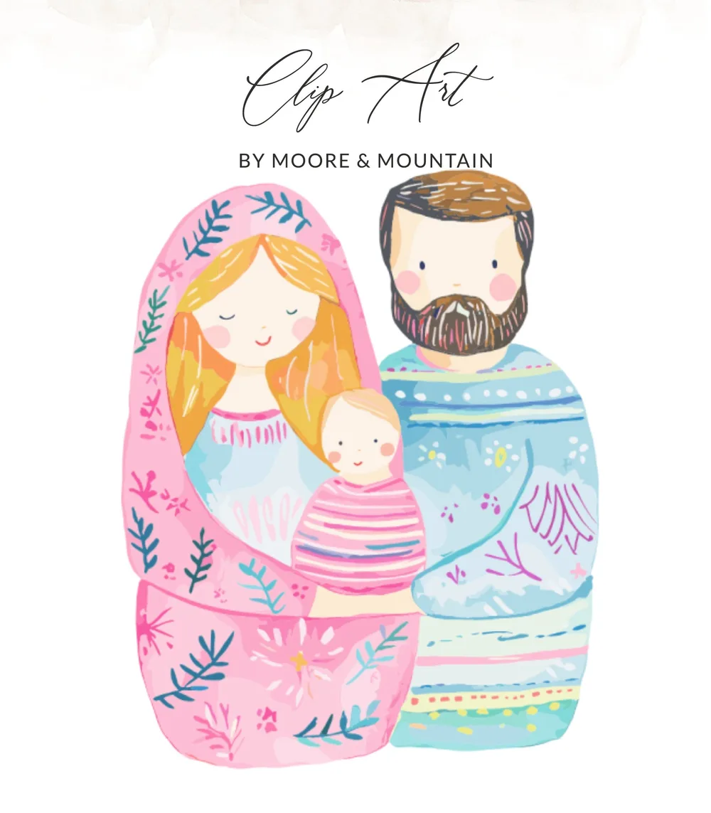 Matryoshka doll illustration of family: parents holding a baby.