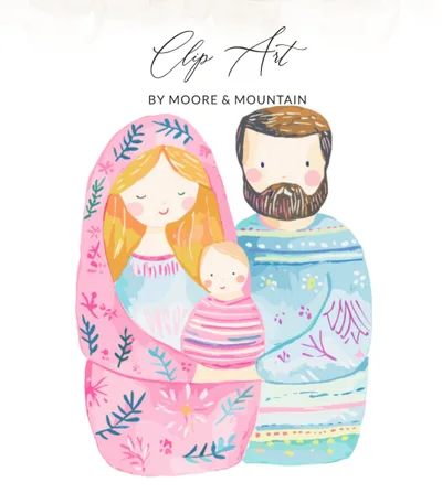 Preppy Family Portrait Digital SVG, Whimsical Watercolor Folk Art Family Illustration, New Baby Gift Family Wall Art, Instant Download